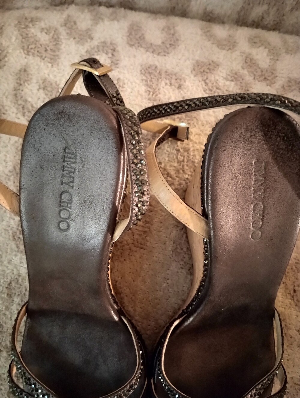 Jimmy Choo Bronze Metallic Crystal Strappy Wedge Sandals - Picture 5 of 9
